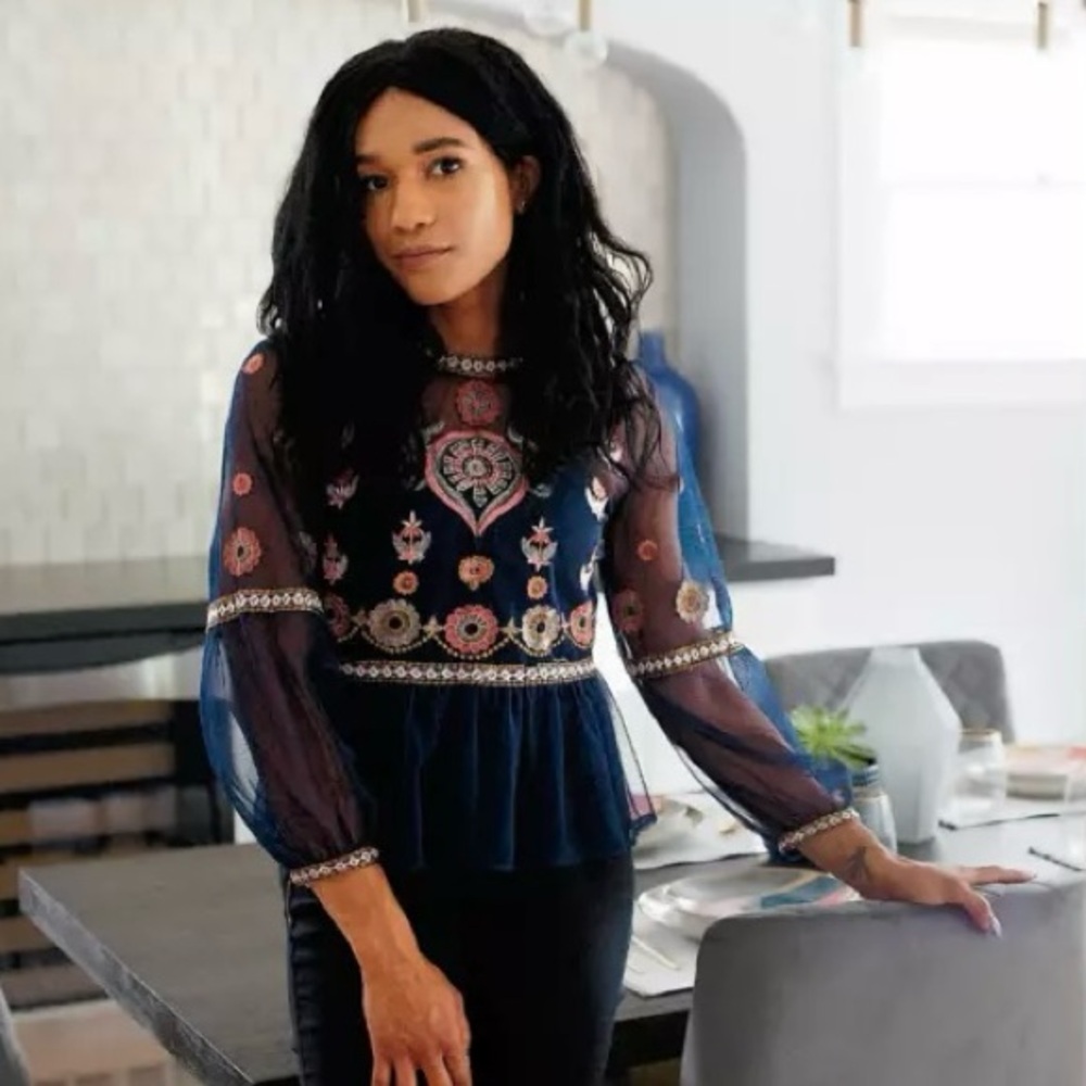 Zara floral embroidered mesh blouse navy - Picture 3 of 7